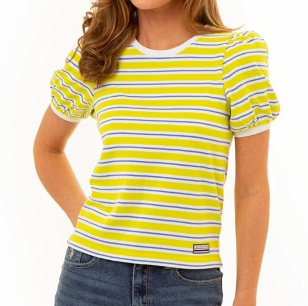 New U.S. Polo Assn. Wm T-shirt Stripe Puff Sleeve Sz med Preppy Nautical Lime